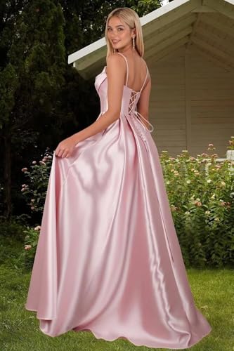 A Line Satin Long Prom Dress with Slit for Women, Spaghetti Straps Formal Evening Party Dress with Pockets3