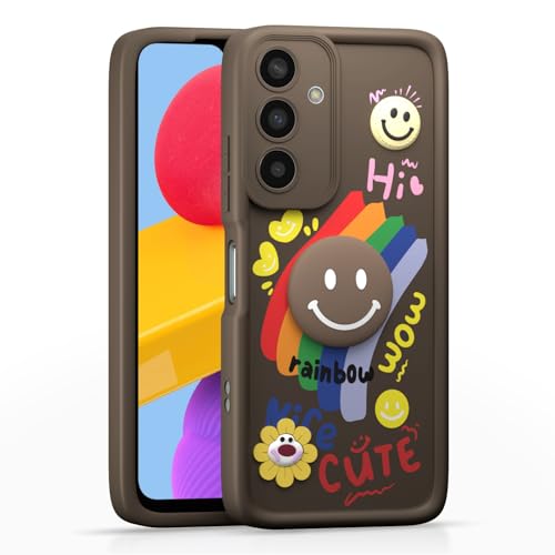 Image of Pikkme Back Cover for Samsung Galaxy M35 5G | Soft Silicone| Cute Rainbow Smile & 3D Cartoon Flower Design | Shockproof Raised Camera Protection Bumper Case (Brown)