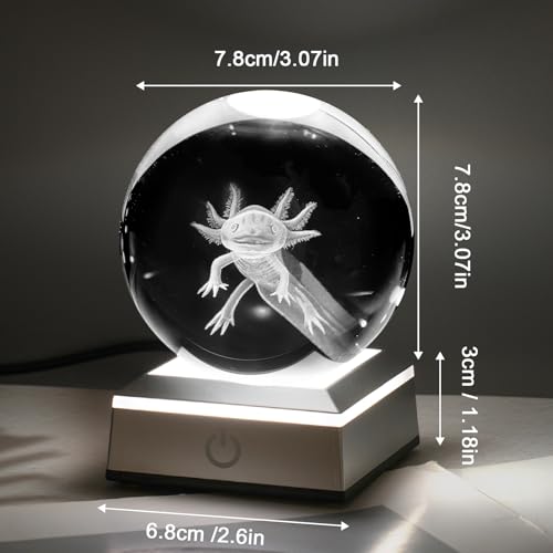 Image of 3D Axolotl Crystal Night Light with Multicolor LED Base Glass Laser Engraved Axolotl Figurines Gifts for Boys Girls Lovers Birthday Christmas Room Decor