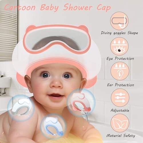 Image of Baby Shower Cap Shield, Shower Cap for Kids, Visor Hat for Eye and Ear Protection for 0-9 Years Old Children, Cute diving goggle Shape Makes The Baby Bath More Fun (Pink)