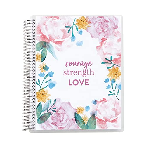 7" x 9" Spiral Bound College Ruled Notebook - Courage, Strength, Love Watercolor Blooms Cover and Pages. 160 Lined Page Writing Notebook. 80 Lb. Thick Mohawk Paper. Stickers Included by Erin Condren.