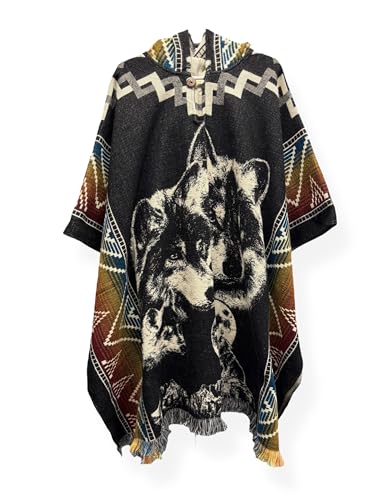 Wolf Pack Alpaca Wool Black Poncho Cape Shawl Blanket Poncho Gaban Zarape Unisex Indigenous Handmade