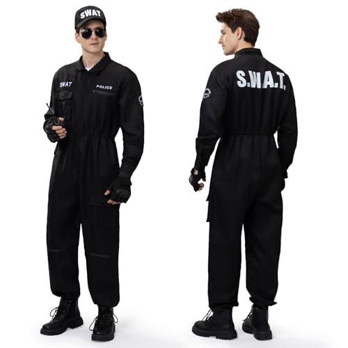 Ulikey Déguisement SWAT Homme, Ensemble de Combinaison SWAT Homme, Costume de Police Adultes Déguisement de Sécurité Adultes avec Casquette de Baseball, Lunettes de Soleil et Gants pour Carnaval (L)