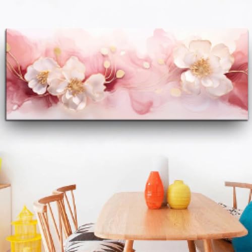 Décoration murale salon moderne avec toile fleurs roses et or 20x60