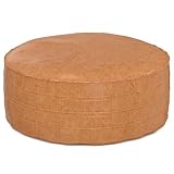 SIMPLIHOME Brody Round Coffee Table Pouf - 32 inch Wide Upholstered Vegan Leather Ottoman in Distressed Brown, Boho Footstool or Extra Seating for Living Room with Polystyrene Filling, Assembled
