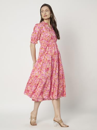 Image of PIDAVLIYA'S Women's Floral Summer Maxi Dress I Cotton Printed I One Piece Bodycon Midi Dress with V-Neck, Puffed Sleeves