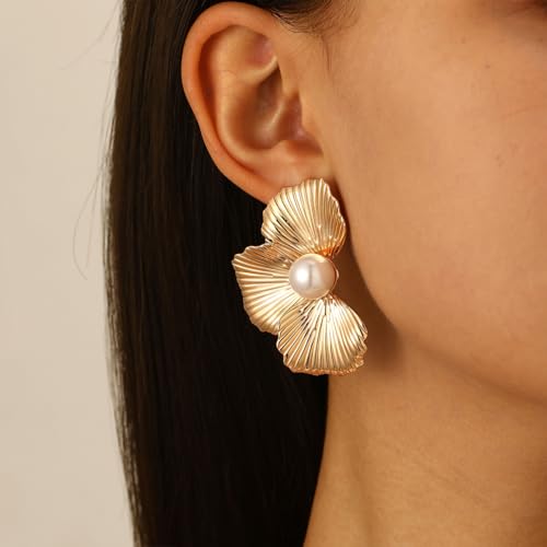 Chunky Gold Flower Pearl Dangle Earrings Dainty Large Floral Leaf Pearls Drop Dangly Earring for Women Vintage Trendy Ginkgo Leaves Statement Jewelry4
