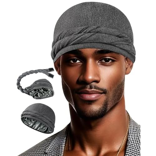 Ababalaya Upgraded Satin Lined Halo Turban Durag for Men &Women Sleeping Bonnet PRE-Tied Headwraps for Hair Loss Grey 1