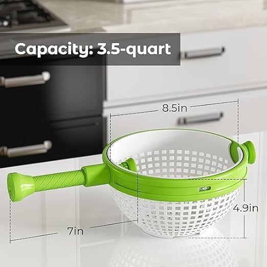 Image of Kitchen Salad Spinner with Rotating Drain Basket - Vegetable & Fruit Washer Dryer with Collapsible Handle