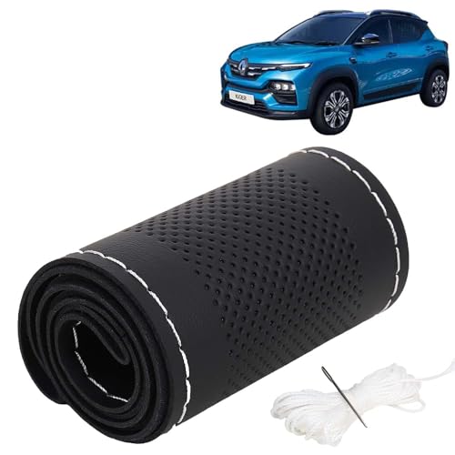 Image of KINGSWAY PU Leatherite Car Steering Cover Sewable Compatible with Renault Kiger (Year 2021 Onwards), Black Color with Silver Thread, Pack of 1 with Sewing Needle and Thread