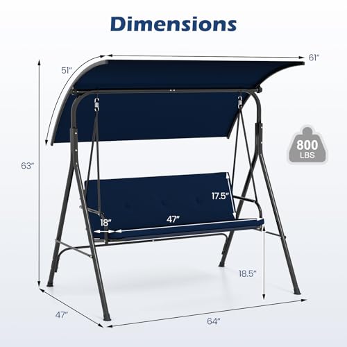 Image of Tangkula 2 Person Porch Swing, Outdoor Swing with Removable Cushions, Solid Metal Structure, Patio Swing with Adjustable Canopy for Garden, Backyard, Balcony, Poolside