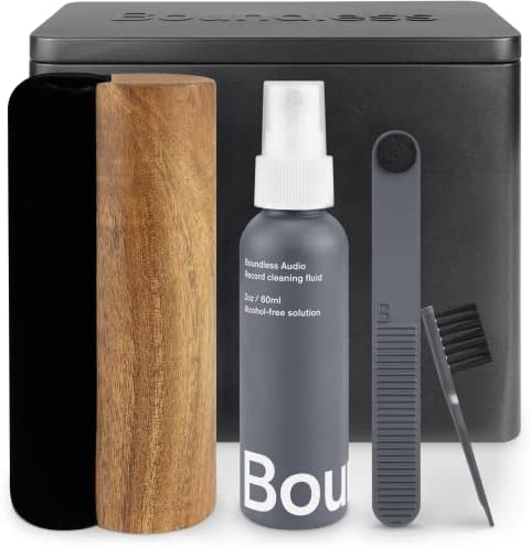 Boundless Audio Record Cleaner Kit - 5-in-1 Vinyl Record Cleaning Kit Includes Velvet Record Brush, Stylus Brush, Record Cleaning Solution, Cleaning Brush & Metal Case - Premium Vinyl Cleaning Kit