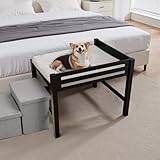Bedside Dog Bed with Mattress - Raised Wooden Pet Cosleeper with Guardrail, Removable Mattress & 3-Step Foldable Stairs, Freestanding Bassinet-Style Elevated Dog Bed for Medium Sized Dogs