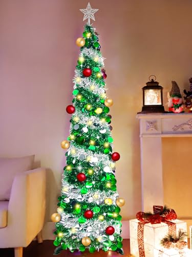 Turnmeon 6 Ft Lighted Slim Christmas Tree With Timer Ball Ornament 100 Warm Lights Battery Powered Big 3D Star,Glitter Tinsel Pop Up Pencil Christmas Tree Decoration Indoor Outdoor thumb #4