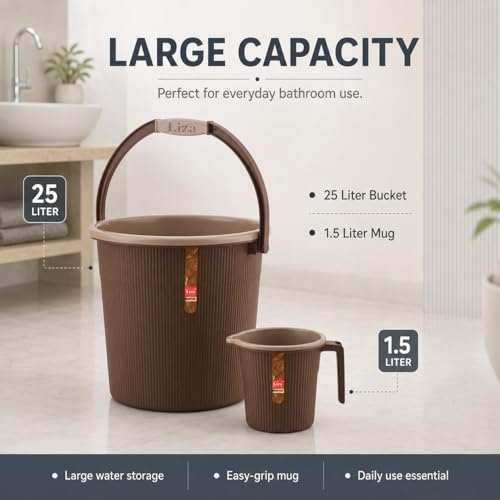 Image of Plastic Bucket with Mug Combo | Bathroom Set (25 Liter Bucket+ 1 Liter Mug) (Dark Brown)