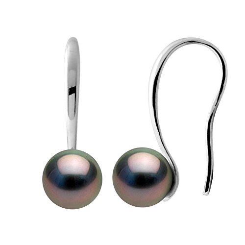 PEARLS & COLORS - Boucles d'Oreilles Joaillerie Véritables Perles de Culture de Tahiti Rondes 8-9 mm - Argent Massif 925 Millièmes - Bijou Femme