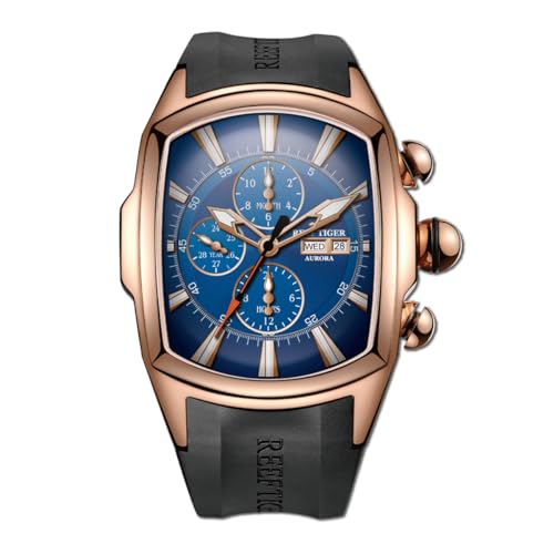 REEF TIGER Tonneau RGA3069-P Herren Multifunktions-Armbanduhr, mechanisch, analog, leuchtend, Silikonarmband, Automatikuhr mit Kalender, RGA3069-PLB, Automatikuhr