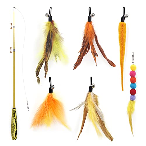 SONGWAY Interactive Cat Feather Toys - 7 Pcs Cat Toy Set, Retractable Cat Wand Toy, Teaser Refills Worm Bird Feathers with Bell, Cat Teaser Toys for Indoor Cats Kitten Play Chase Exercise, Yellow