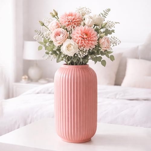 Image of Art Street Modern Ribbed Ceramic Flower Vase | Pink Decorative Boho Vase for Living Room, Bedroom & Office Dcor - (Flower not Included) 5x9 Inch
