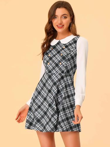 Image of Allegra K Women's Peter Pan Collar Contrast Color Button Decor A-Line Preppy Plaid Mini Dress