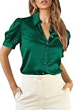 EVALESS Womens Clothes Tops for Women Trendy Satin Blouses for Women Dressy Casual Green Button Down Shirts Short Sleeve Silk Summer Top Teacher Outfits Fashion 2024 Sexy V Neck Work Clothes, XX-Large