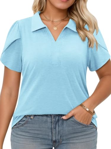 Women's Plus Size Tops Casual Petal Short Sleeve T Shirts Summer V Neck Trendy Soft Polo Tunics Blue 5XL