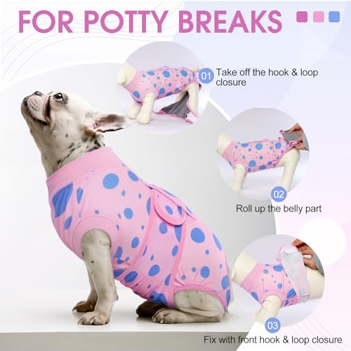 Image of Kuoser Dog Surgery Suit, Soft Dog Spay Recovery Suit Female, Anti Licking Neuter Recovery Suit for Male Dogs, Post-Op Pet Surgical Suit Protective Wear E-Collar & Cone Alternative,Pink Polka Dots L