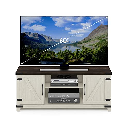 Image of Furinno Jensen Farmhouse Barn Door Living Room TV Stand with Storage Cabinets for TV up to 70 Inch, Ebony /White Wash