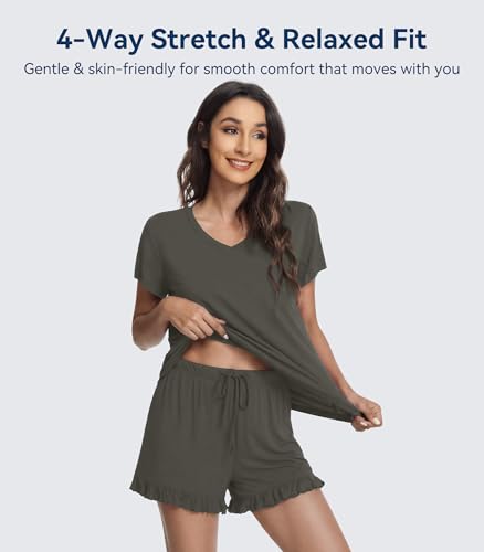 Image of WiWi Womens Pajamas Set Bamboo Viscose Super Soft Short Sleeve Top Ruffle Shorts Sleepwear Cooling Pj Sets S-XXL