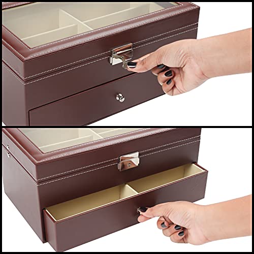 Kurtzy Organizador Gafas de Sol de Cuero Sintético Marrón - Estuche Gafas 12 Compartimentos – 2 Niveles con Cierre para Guardar/Mostrar sus Gafas - Caja para Gafas, Relojes, Joyas – Hombre y Mujer - imagen 4