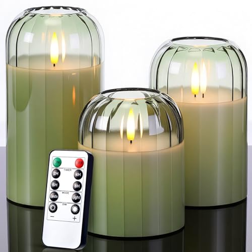 Velas sin llama de vidrio verde salvia Retisee con mando a distancia para hogar