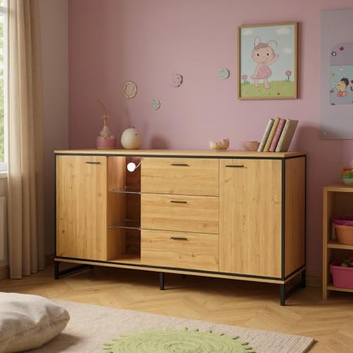HOMYLIN Cómoda infantil con luces LED, 3 cajones grandes y puertas laterales, almacenamiento de madera de 160 cm con iluminación, color natural