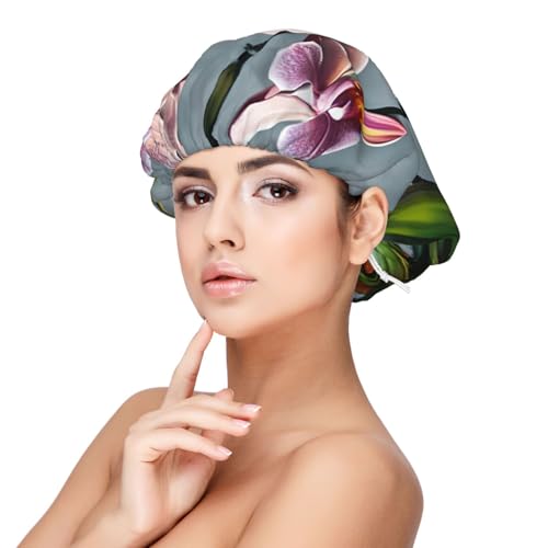 Gorro de dormir de satén con curvas abstractas para adultos, adecuado para mujeres con rizos naturales y cabello rizado, Orquídeas florecientes, talla única