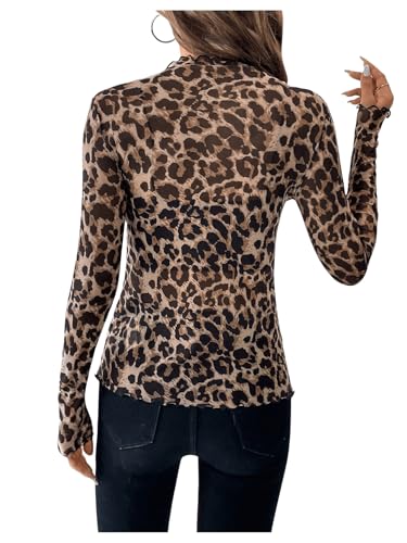 SOLY HUX Women's Leopard Print Tops Mock Neck Long Sleeve Going Out Tops Y2K Fitted Shirt Mesh Cheetah Print Top2