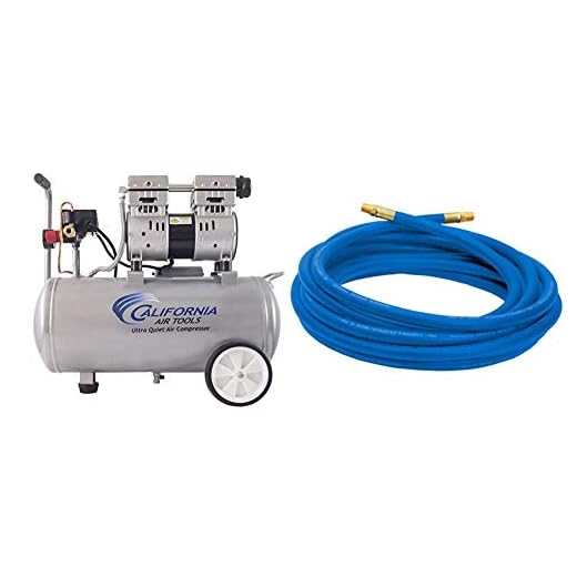 California Air Tools 8010 Ultra Quiet & Oil-Free 1.0 hp Steel Tank Air Compressor, 8 gal, Silver & Campbell Hausfeld 25' Air Hose (PA117701AV)