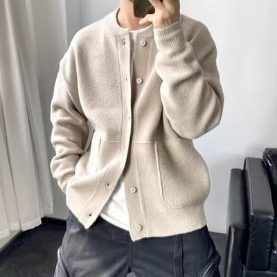 Men's Button Down Cardigan Sweater Knitted Round Neck Loose Casual Cardigan Long Sleeve Trendy Sweater4