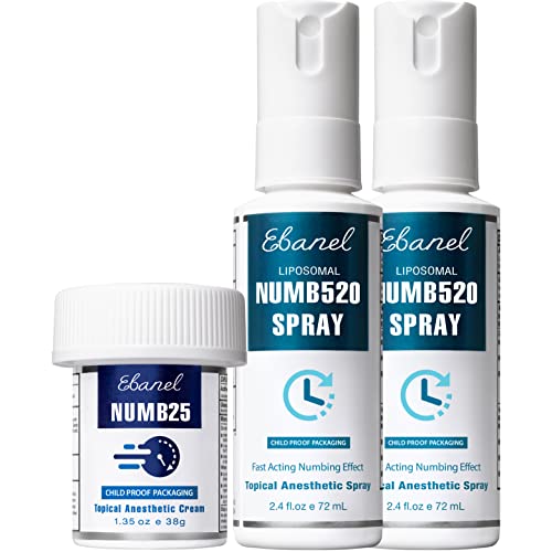 Ebanel Bundle of Numb25 Lidocaine 5% Topical Numbing Cream 1 Oz, and 2-Pack Numbing Spray