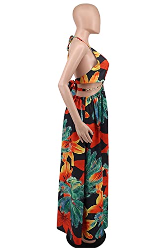 Image of Qikaka Women's Sleeveless Deep V Neck Floral Printed Metal Chain Bodycon Sexy Nightclub Party Boho Dress
