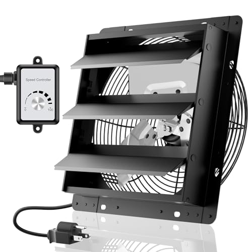 Image of HG Power 12 Inch Attic Fan with Speed Controller, 971 CFM Shutter Exhaust Fan with EC Motor, Wall Mounted Greenhouse Fan for Shed, Basement, Gable, Chicken Coop Ventilation Use, Black