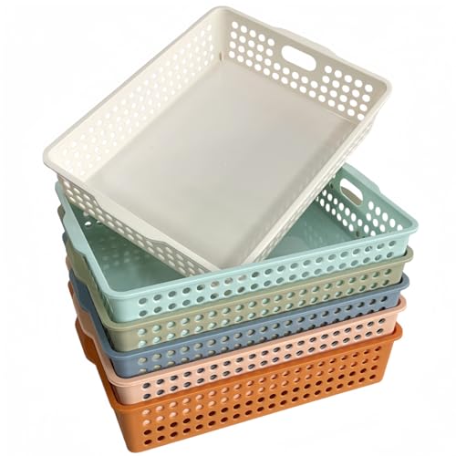 RAUVOLFIA 6 Pack Plastic Turn in Paper Trays for Classroom, Colorful Storage Bin Basket Organizers for School Supplies, Classroom Organization and Storage Tray Holds 4A Paper (Boho)