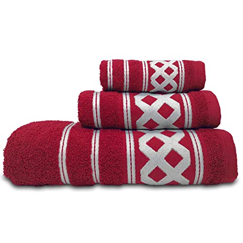 briebe Home Juego de Toallas Baño 100% algodón Rizo 450gr, Set 3 Piezas, Amazonica Basic, 3 Tamaños Ducha Sábana, Manos, Tocador, Cenefa Rombos Bordada, Hecho en Portugal, Burdeos