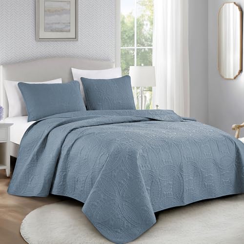 Image of Chezmoi Collection Austin Queen Oversized Bedspread Set, 3-Piece Pinsonic Quilted Lightweight Microfiber Bedspread Coverlet, Grayish Blue