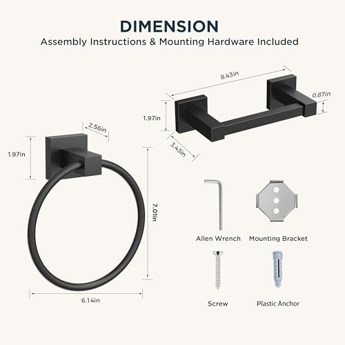 FORIOUS Toilet Paper Holder Wall Mount and Hand Towel Ring Set, SUS 304 Stainless Steel Double Post Pivoting Tissue Roll Holder, Modern Bathroom Hardware Accessories Set, Matte Black - Image 7