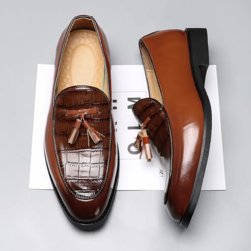 Men's Tassel Loafers Crocodile-Pattern PU Leather Slip-On Dress Shoes for Business, Wedding, and Casual Wear (Black/Brown),Brown,122