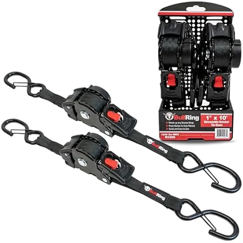 Bull Ring Retractable Ratchet Tie Down Straps – Includes (2) Heavy-Duty 1" x 10' Self Retracting Auto Ratchet Straps, 1,200 lb Break Strength for UTV, Motorcycle, Truck, Trailer, Cargo (2 Pack) Cover