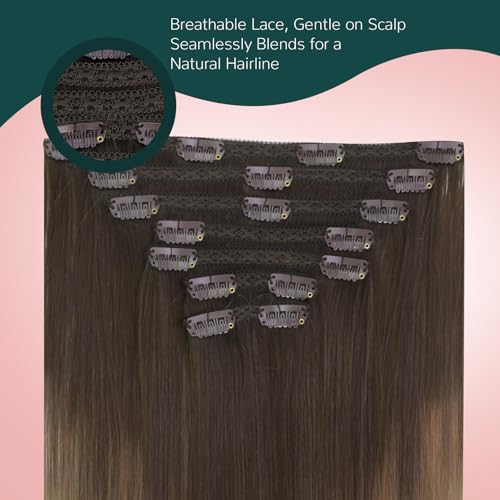 Image of Easyouth Clip in Hair Extensions Human Hair Brown Balayage Clip in Human Hair Extensions Dark Brown Fading to Chestnut Brown and Ash Blonde Hair Extension Clips ins 20 In 7Pcs 120G