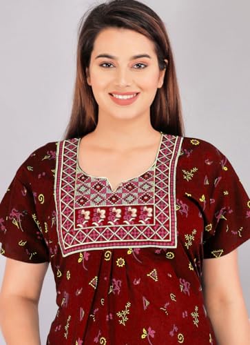 Image of DIAMO Pure Cotton Embroidery Nighty for Women, Cotton Night Gown, Night Maxi Gown, Cotton Nighty with a Pocket and Adjustable Knot