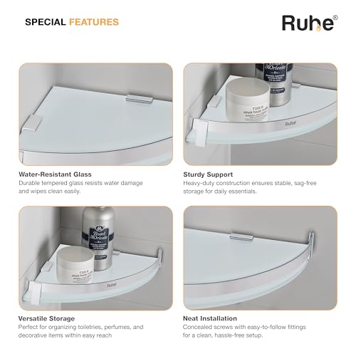 Image of Ruhe Premium Vetra Bathroom Glass Shelf Corner | Multipurpose Wall Mounted Shelves Rack for Kitchen /Living Room - Bathroom Accessories 12 x 12 inches (Chrome Finish)