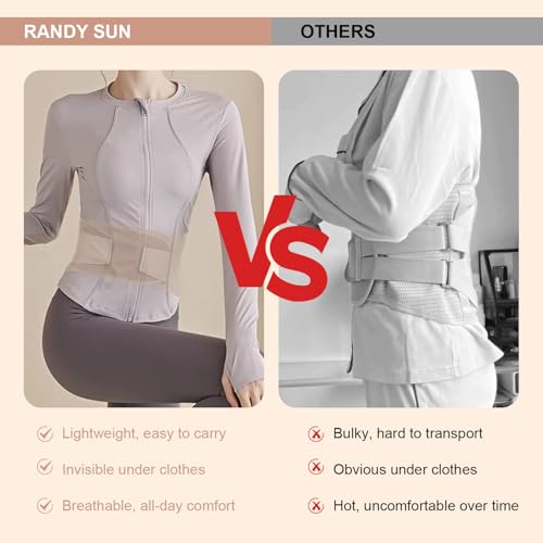 RANDY SUN Ultra Thin Back Brace, Lightweight Breathable for Women & Men, Invisible Waist Support Belt for Lower Back Pain Relief and Posture Correction Beige L