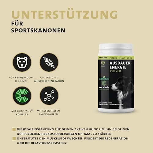 Peticare Ergänzungsfutter für sportliche Hunde | Unterstützendes Pulver für Ausdauer & Vitalität | Mit Kollagen & Omega-3, für Gelenk-Gesundheit, Muskel-Regeneration | petDog Health 2602